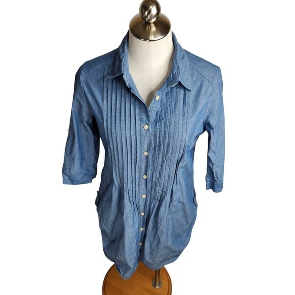Levi's Pleated Tunic Top Women's Size Medium Chambray Roll Tab Hem 3/4 Sleeve - Picture 2 of 14